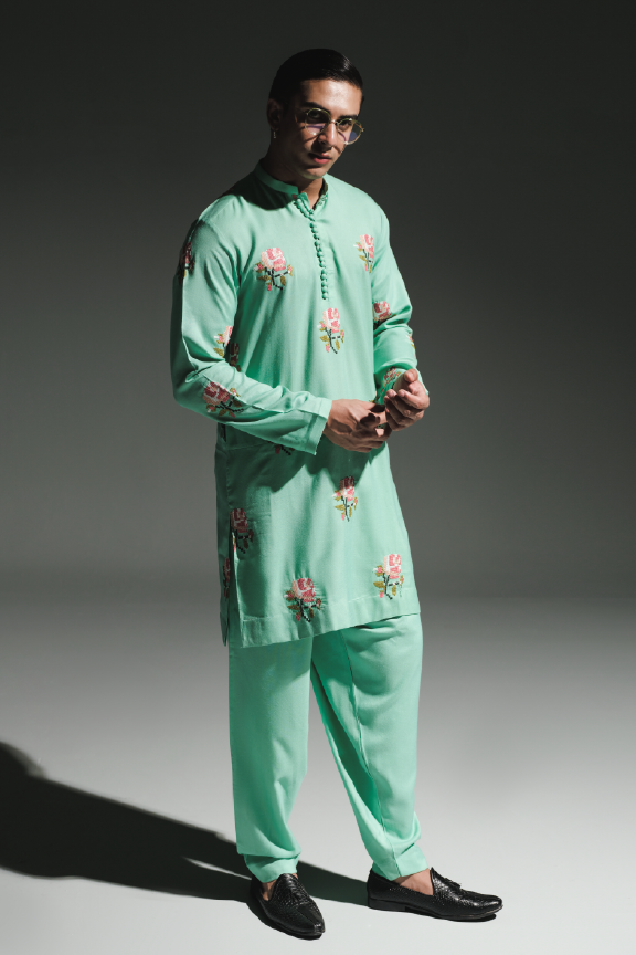 Grey Draped Kurta Farshi Pajama Set