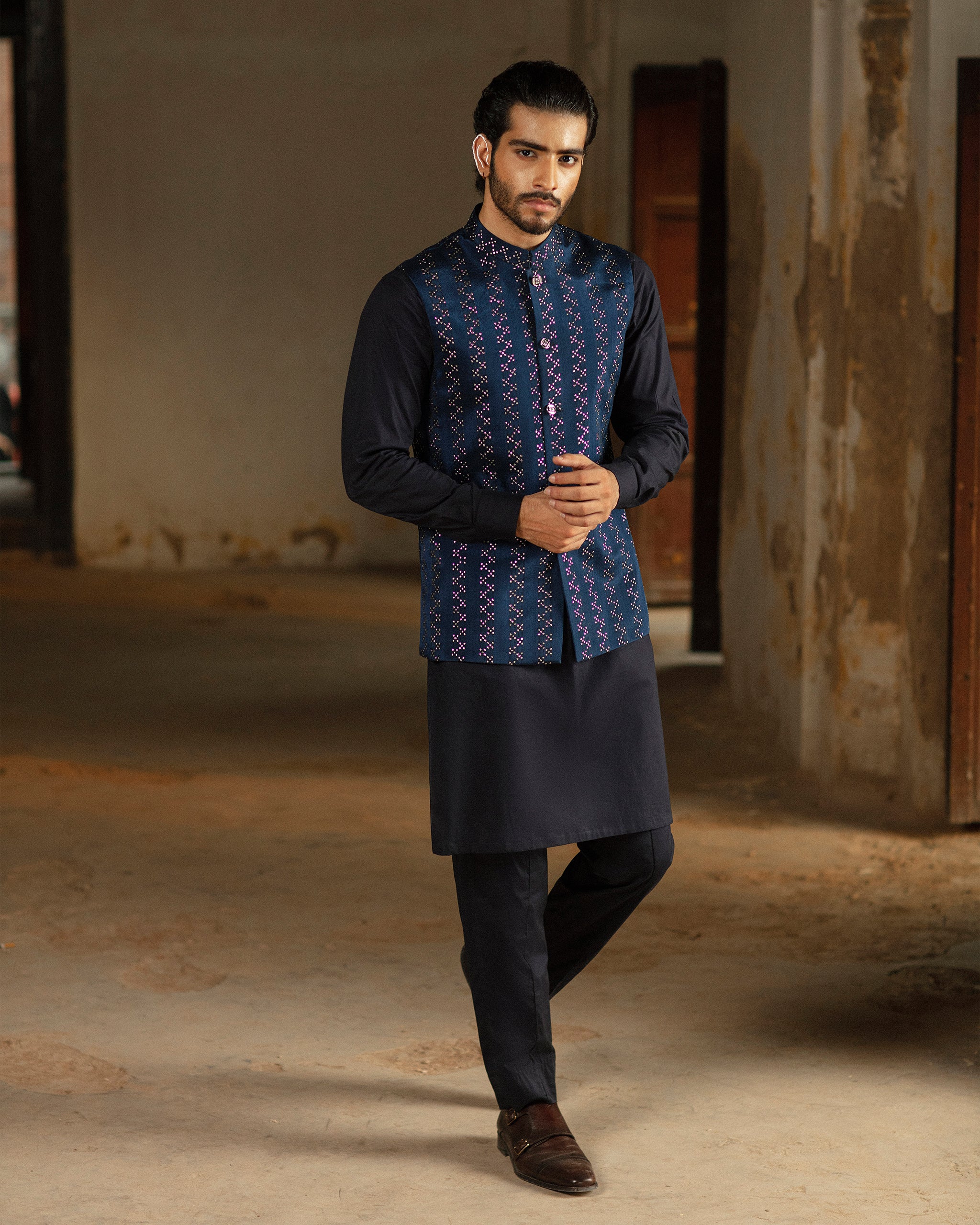 Cream pure-silk jacket kurta set features full-sleeve plain kurta, pants &  contrast purple intricately designed jacket